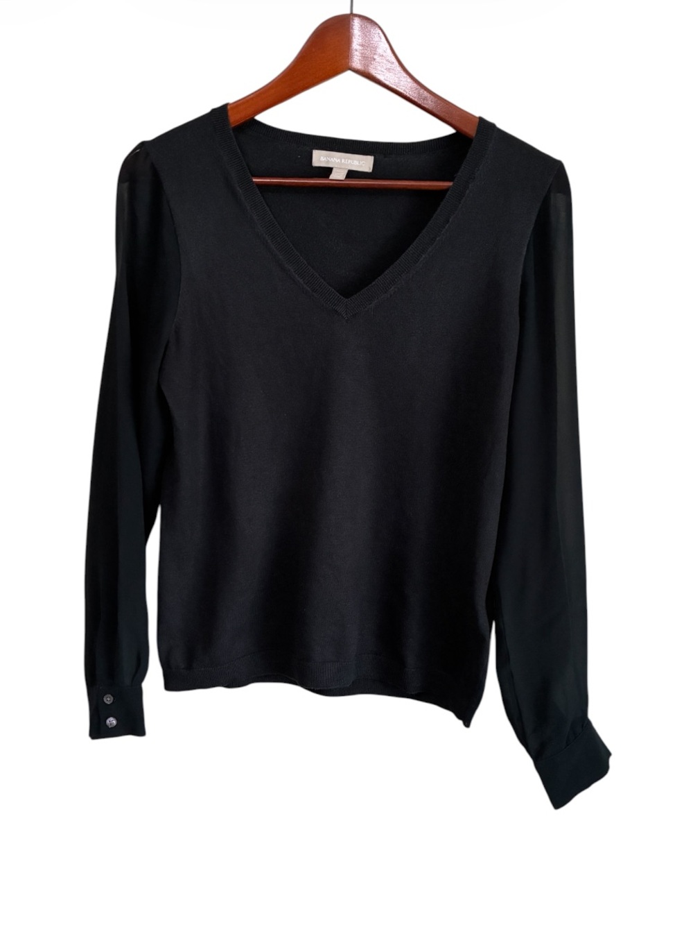 Banana Republic Women's Black Silk Blend V-Neck Sheer Sleeve Sweater Size Medium